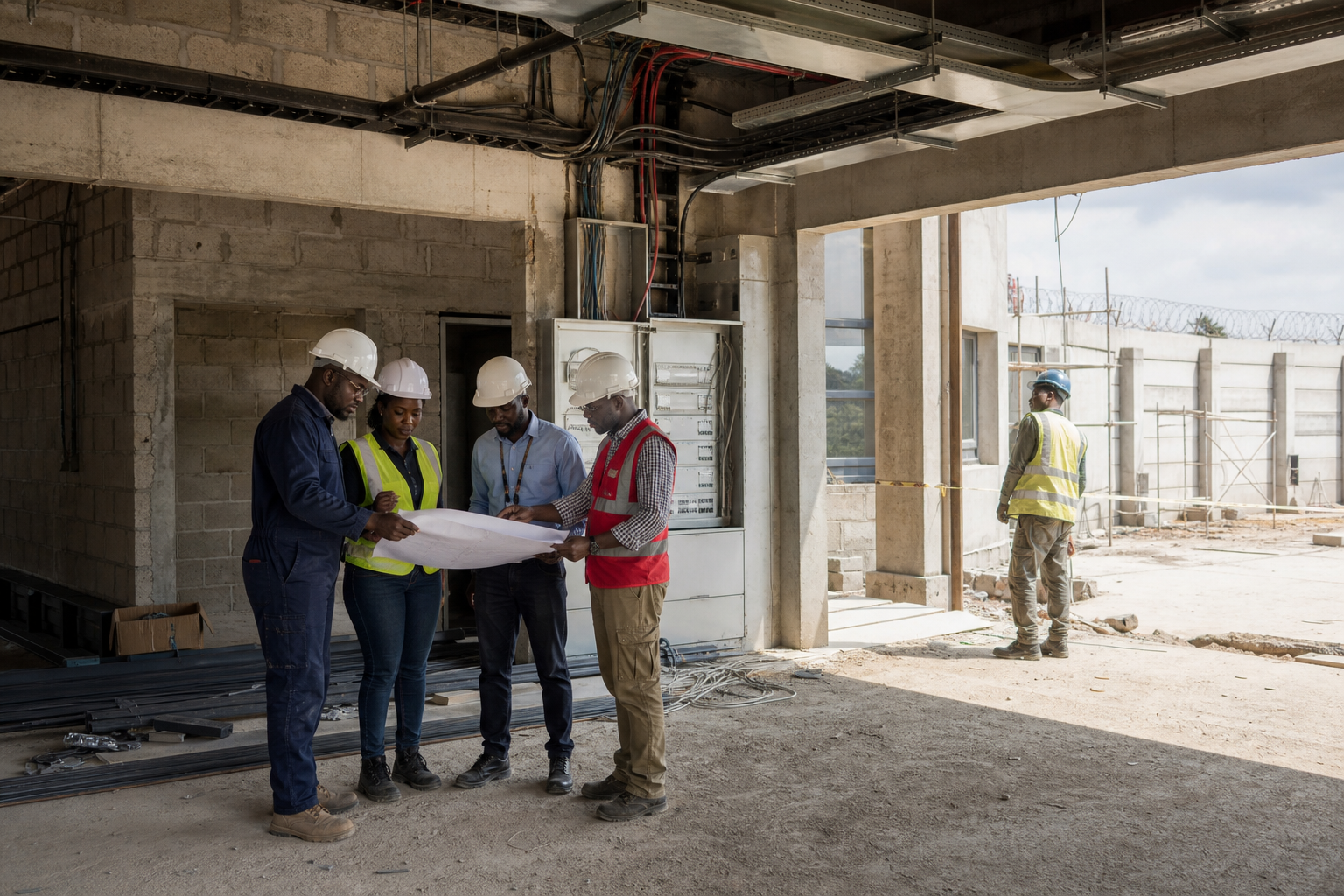 Équipe technique sur un chantier de bâtiment sécurisé
