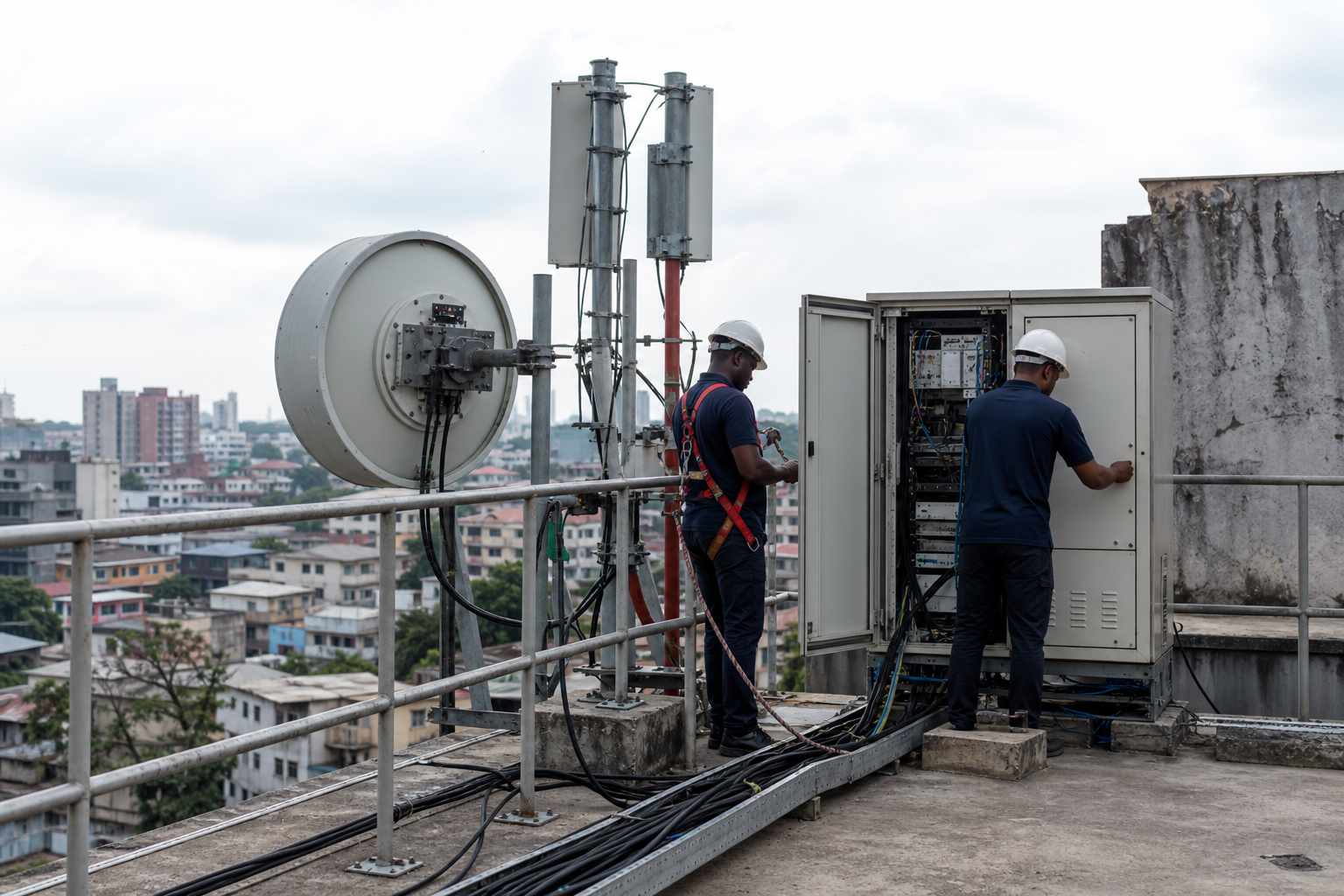 Techniciens télécom intervenant sur une installation urbaine